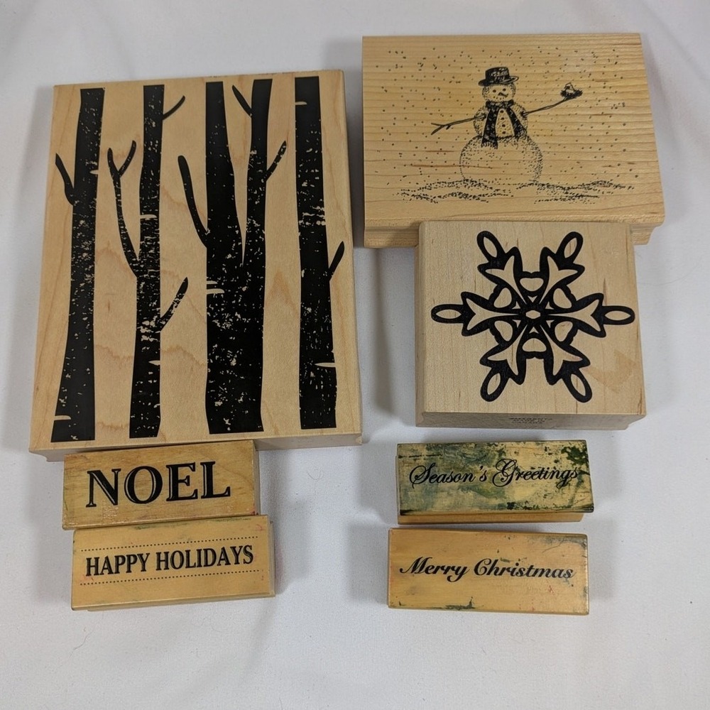 Wooden Rubber Craft Ink Stamp 7 Item Lot - Christmas,‎ Winter, Snowman, Holiday